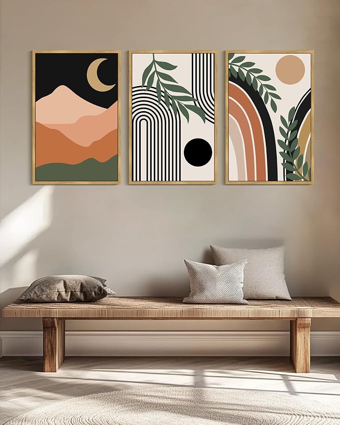 Drsoum Boho Wall Art Framed Bohemian Plant Wall Decor Abstract Geometry Artwork Hallway Living Room Prints Ready to Hang 24x36in Natural Framed