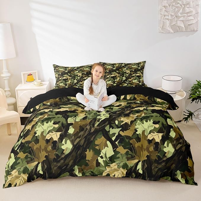 Erosebridal Natural Green Duvet Cover Set Rustic Western Camo Tree Full Size Bedding Sets for Tween Boys Girls | Botanical Leaf Plant Comforter Cover Hunting Farmhouse Bed Set, Room Decor Aesthetic