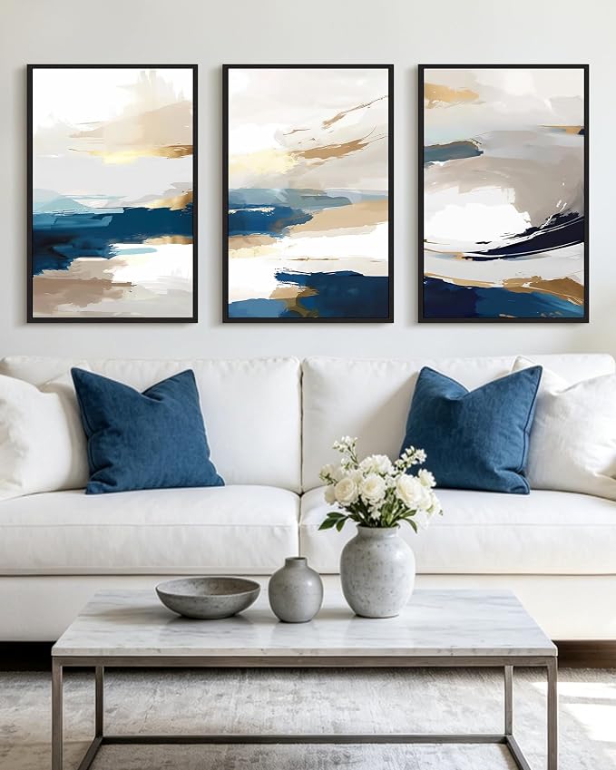 KUVIOKE Abstract Blue Framed Wall Art Graffiti Shape Pastel Wall Decor Modern Art Painting for Bedroom Hallway 16x24in (Black Framed)