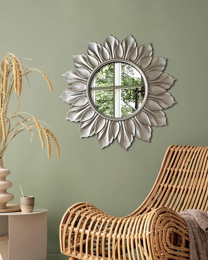 Sunflower Sunburst Wall Mirror, 22" Distressed Silver Wooden Frame, Handcrafted Petal Floral Design, Vintage Farmhouse Style Mirror for Wall Decor for Living Room, Bedroom, Bathroom, Vanity