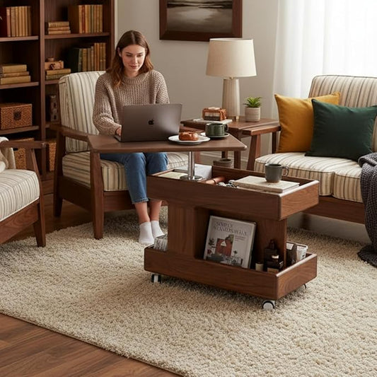 100% Solid Wood Lift Top Coffee Table with Storage, Small Coffee Table with Wheels and Rotating Desktop, Living Room Table for Bedroom, Recliner and Small Places(Walnut, No Need to Install)