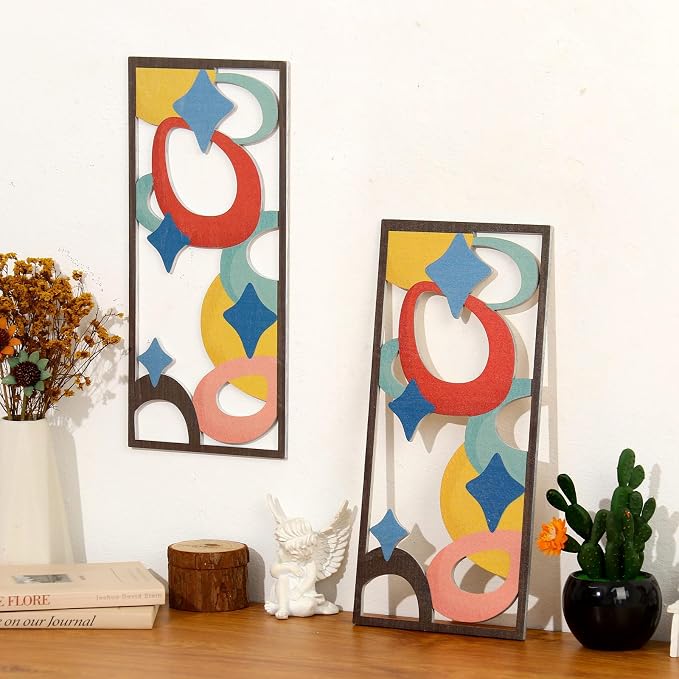 Zzbakress 2 Pcs Mid Century Modern Decor Wooden Geometric Wall Art Abstract Wall Decor Art Elegant Wall Decor for Home Living Room Bedroom