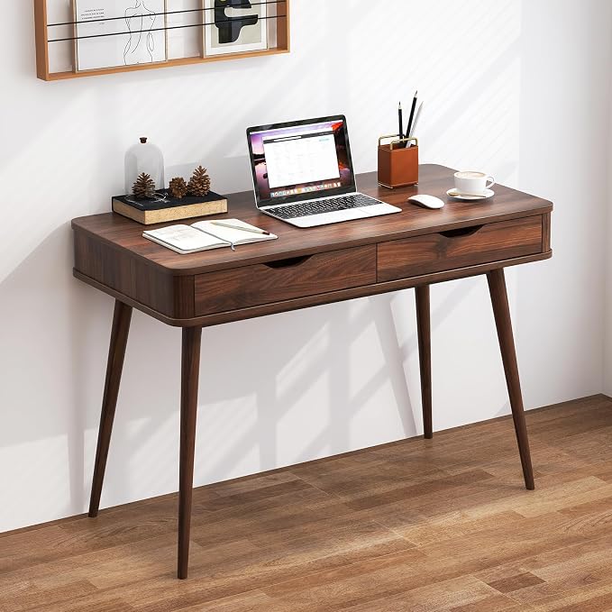 POWERSTONE Mid Century Office Desk with 2 Drawers - Vintage Writing Desk Computer Workstation with Sturdy Rubberwood Legs & Spacious 43.5" Desktop for Home Office Bedroom (Walnut)