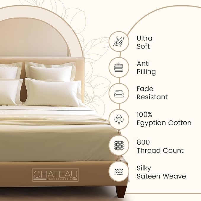 King Sheets Deep Pocket King Sheet Set,100% Cotton Bed Sheets, 800 Thread Count 4 PC Sateen Weave Luxury Bedding Sheet & Pillowcase Sets, Soft & Comfy Naturally Cool, No Pill Machine Washable- Ivory