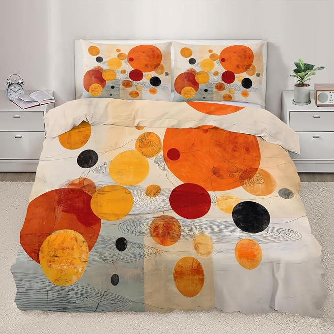 Vintage Mid Century Duvet Cover Twin Size, Orange Red Yellow Geometric Bedding Set 3 Piece, Watercolor Abstract Geometric Patterned Comforter Cover with Zipper Soft Microfiber, 2 Pillowcases
