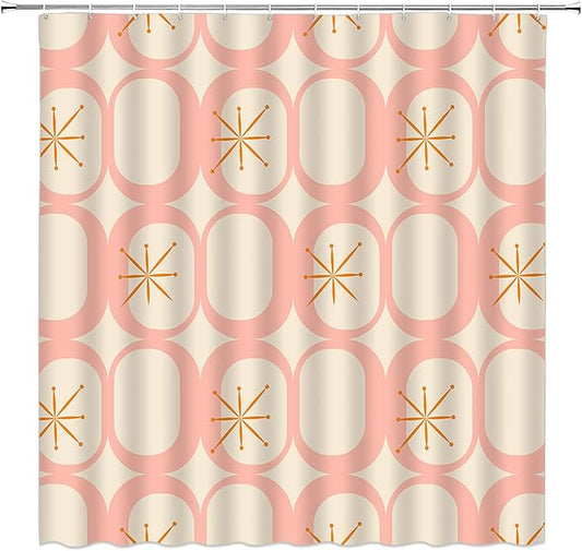 Mid Century Modern Extra Long Shower Curtain Abstract Atomic Geometric Round Squares Retro 50s Pink Fabic with Hooks for Bathroom Decor,70x78 Inch