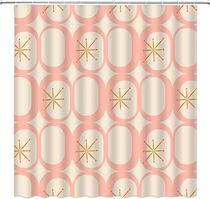 Mid Century Modern Extra Long Shower Curtain Abstract Atomic Geometric Round Squares Retro 50s Pink Fabic with Hooks for Bathroom Decor,70x75 Inch