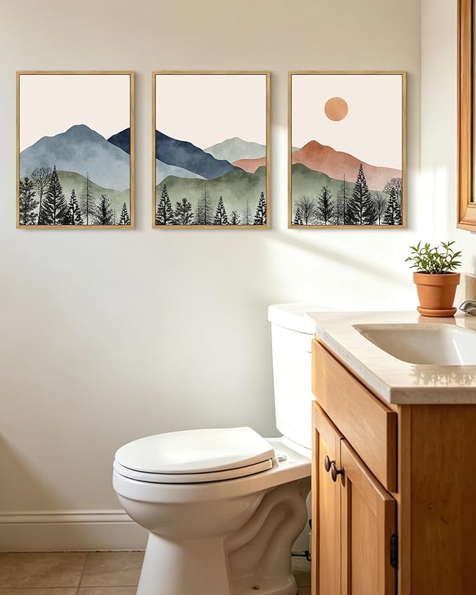 KUVIOKE Mountain Landscape Framed Wall Art Watercolor Nature Painting Boho Sun Rise Prints Farmhouse Rustic Room Decor Ready to Hang 12x16in (Natural Framed)