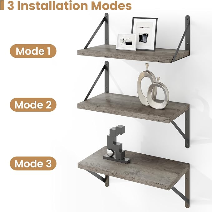 Heimlove Floating Shelves for Wall Set of 3,Light Wood Wall Mounted Bookshelf Decorative Shelf for Living Room Bathroom Bedroom Kitchen Laundry Pictures Plants Books Cats TV,Silver Grey