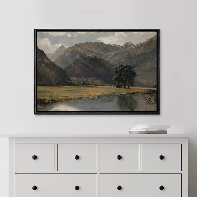 MUDECOR Framed Canvas Print Wall Art Rustic Country Mountain Range Landscape Nature Wilderness Antique Retro Fine Art Shapes Illustrations Decorative Colorful Multicolor for Bedroom - 16"x24" Black