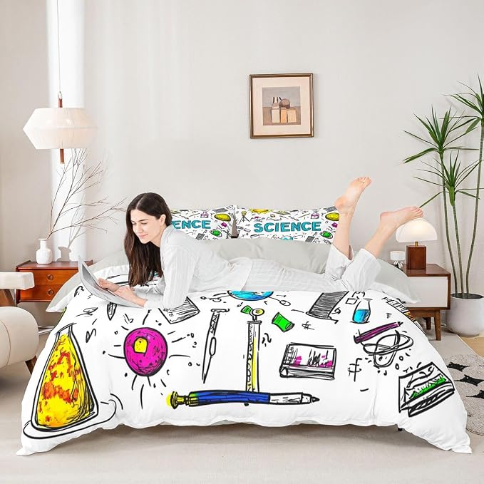 Erosebridal Science Duvet Cover Set Science Students Girl Toddler Bedding Set for Youth Boys | School Educational Comforter Cover Math Equations Geometry Axis Art Bed Sets, Room Decor Aesthetic