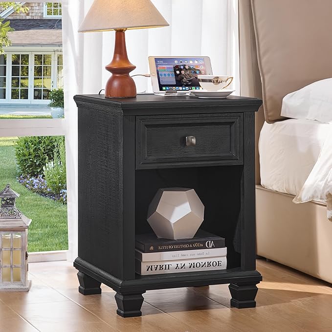 Farmhouse End Tables Living Room Set of 2, Rustic Wood Nightstand with 1 Drawer, Bedside Table with Open Shelf for Bed Room, Side Table for Living Room, Black