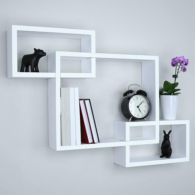 Ballucci Wooden Interweave Floating Wall Mounted Shelves, Horizontal and Vertical Display Storage Shelf for Living Room Bedroom Entryway Hallway Bathroom, 26" x 16", White