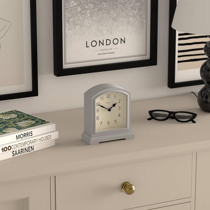 JONES CLOCKS® Tavern Mantel Clock | Modern Arch top Design | Pale Gray | Contemporary Classic Style for Desk, Table, Shelf or Bedside