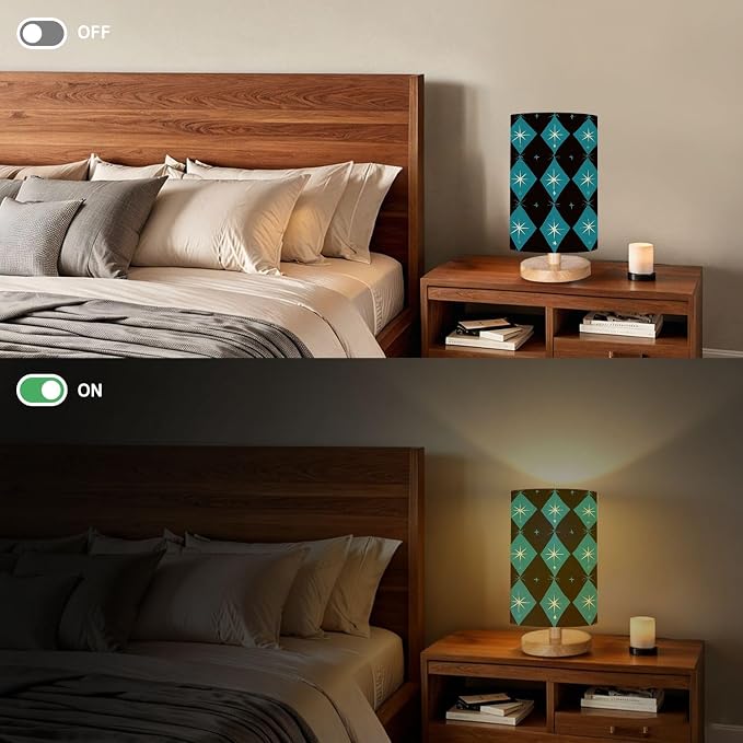 Bedside Table Lamp Atomic era diamond seamless pattern starbursts Mid century inspired 16-Way Dimmable Small Desk Lamp with Round Flaxen Fabric Shade for Nightstand Bedroom Living Room Home Decor
