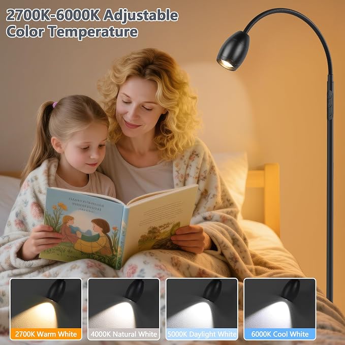 Reading Floor Lamp 10W High Wattage, 72" Tall LED Lamp with Gooseneck, Dimmable Zoomable Spotlight, Adjustable Color Beam Standing Lamp, Touch & Remote Control, Task Craft Living Room, Matte Black