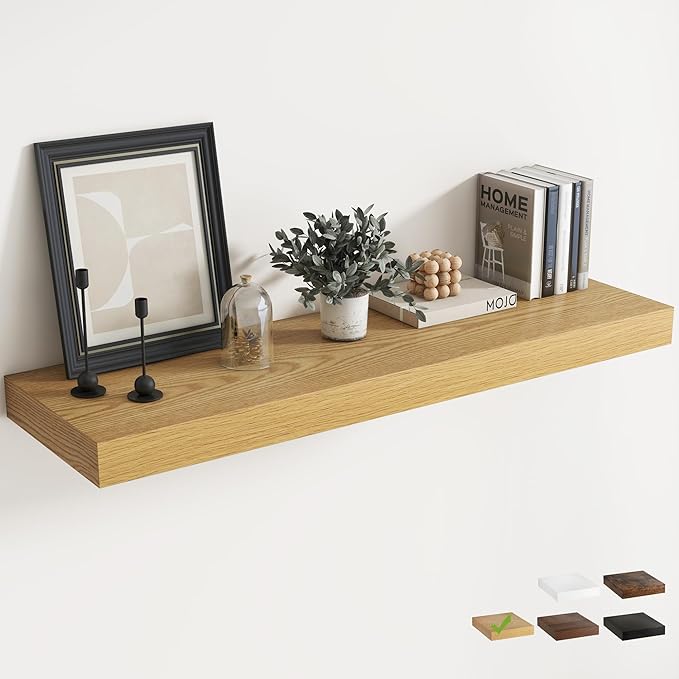 Marsmiles 12" Deep Floating Shelves for Wall with Invisible Brackets, Wall Mounted Engineered Wood Shelves with Wood Grain for Living Room, Bedroom, Kitchen Decor and Storage, 48" L Set of 1, Oak