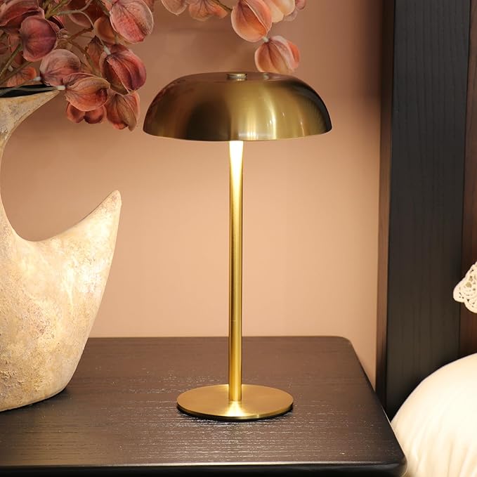 Portable Mushroom Table Lamp with 5200mAh Battery - Cordless LED Night Light with Stepless Dimming, 3 Color Modes & Adjustable Height for Bedroom, Patio, Bar Decor and Coffee Shop Ambiance（Gold-tall）