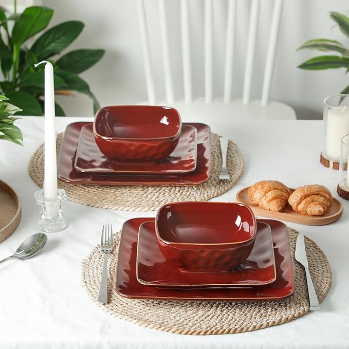 vicrays Ceramic Square 12 Pieces Dinnerware Set - Dinner Plates Salad Plates Cereal Bowls Set Service for 4 - Scratch Resistant Microwave Oven Dishwasher Safe - Cherry Red