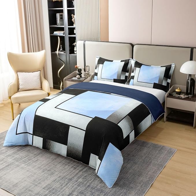 Erosebridal Blue Black Grey Bedding Set Queen Square Geometric 100% Cotton Duvet Cover Abstract Grid Patchwork Comforter Cover for Kids Teens Adults Contemporary Mid Century Bed Set 3 Pcs