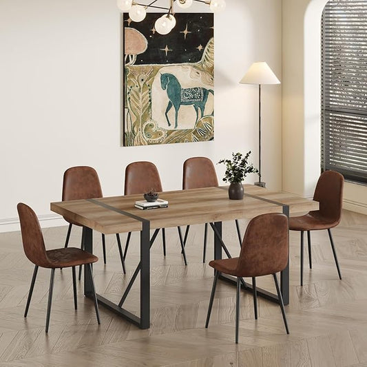 7 Piece Dining Table Set，Dinner Table Set for 6，71'' Kitchen Table and Suede Nap Fabic Chairs Set of 6，6 Chair Dining Table Set for Kitchen Dining Room