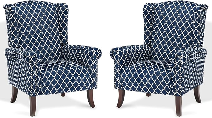 Plaid Accent Chair Set of 2, Mid-Century Modern Wingback Armchair Club Sofa Chair Living Room Chair for Bedroom, Balcony, Lounge (Blue Check)