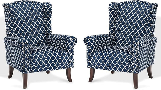 Plaid Accent Chair Set of 2, Mid-Century Modern Wingback Armchair Club Sofa Chair Living Room Chair for Bedroom, Balcony, Lounge (Blue Check)