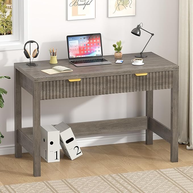 YOMILUVE Fluted Computer Desk with 2 Drawers, 39 Inch Small Computer Desk with Storage, Compact Writing Study Desk for Small Spaces, Gray