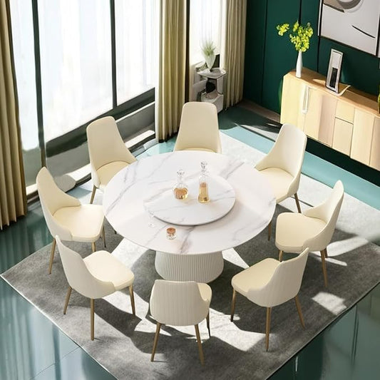 Leavader 9PCS Round Dining Table Set, Marble White Modern Dining Table, 59" D Sintered Stone Dining Table for 8 with Lazy Susan, Circle Kitchen Table and Chairs Set for Dining Room Table