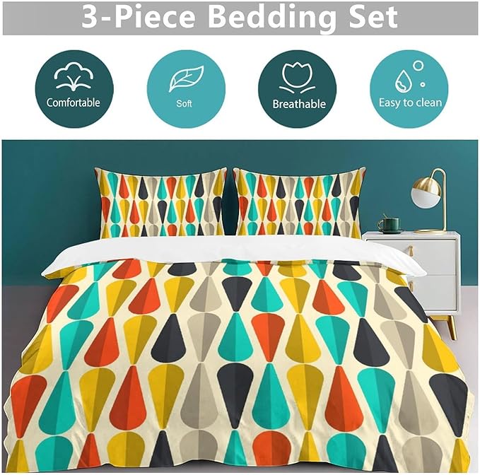 Mid Century Duvet Cover Sets Aesthetic Abstract Geometric Mid Century Retro Printed Lightweight Soft Quilt Cover Minimalist Soft Microfiber 3 Piece (1 Duvet Cover 90x102in + 2 Pillow Sham 20x30in)
