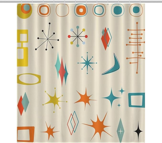 Mid Century Modern Shower Curtain,Vintage Iconic Atomic Modern Retro Space Abstract Geometric Fabric Bathroom Decor Curtains with Hooks 66x72in（168x183cm）