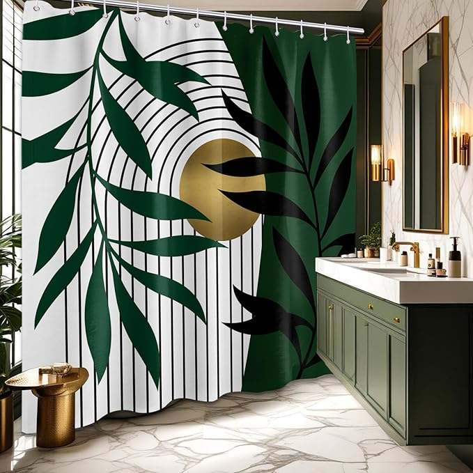 Olive Green and Gold Shower Curtain, Boho Modern Mid Century Shower Curtains for Bathroom Decor, Waterproof Fabric with Hooks, 70" W x 72" L