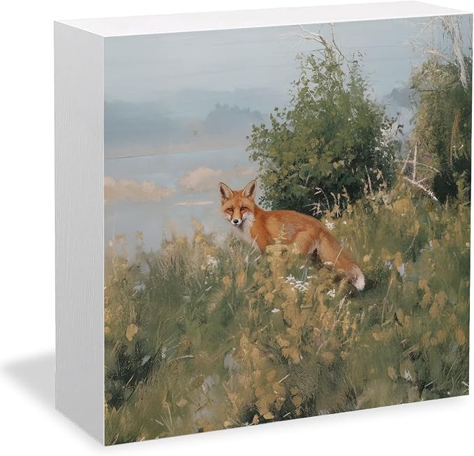 Forest Fox Wooden Box Sign Desk Decor, Gifts for Fox Lovers, Cottagecore Rustic Wild Animal Wood Signs for Home Living Room Office Desk Table Shelf Decorations, 5x5 Inch