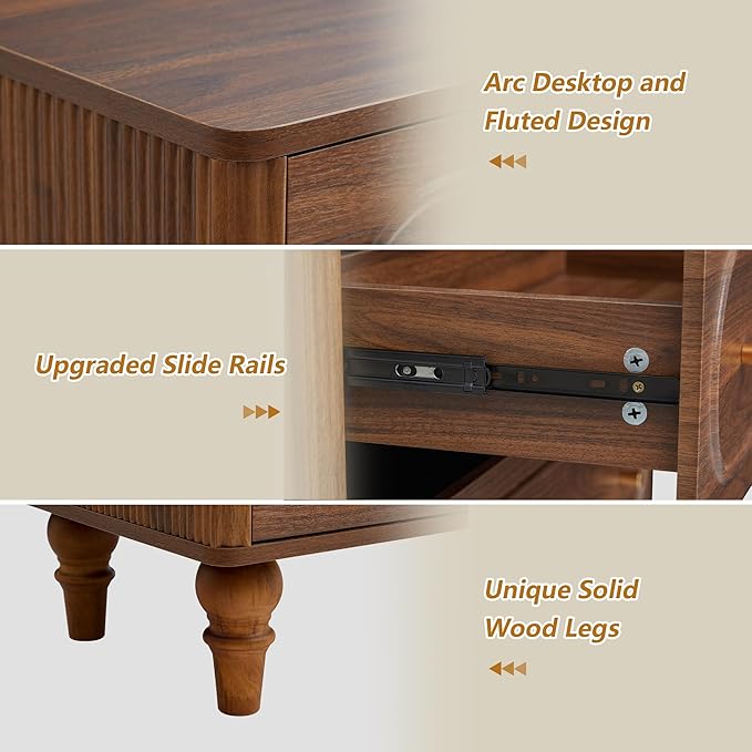 ORRD Fluted 5 Drawer Dresser for Bedroom Set of 2, Modern Mid Century Chest of Drawers, Wood Storage Large Dresser Organizer for Bedroom Living Room Closet Hallway, Walnut