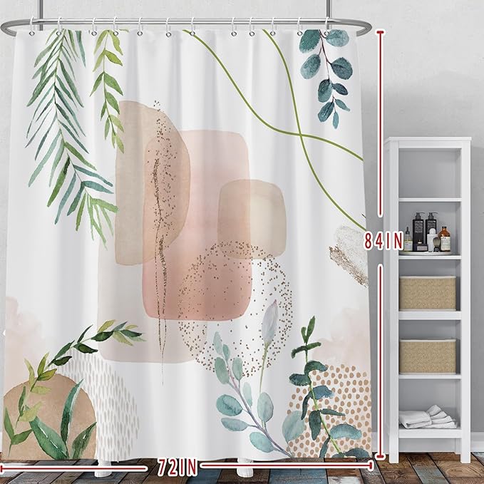 Baocicoo Minimalist Leaves Shower Curtain Modern Abstract Geometric Botanical Shower Curtain for Bathroom Family Camping Hostel Bath Accessories Polyester Shower Curtains with Hooks 72x84 Inches
