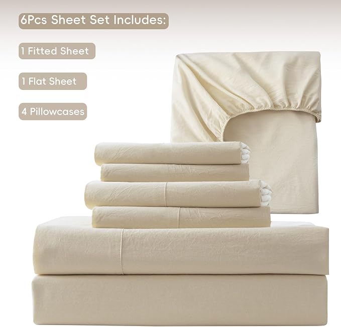 MooMee Bedding Sheet Set 6Pcs 100% Washed Cotton Linen Like Textured Breathable Durable Soft Comfy (Heathered Almond Milk Grey, Queen)