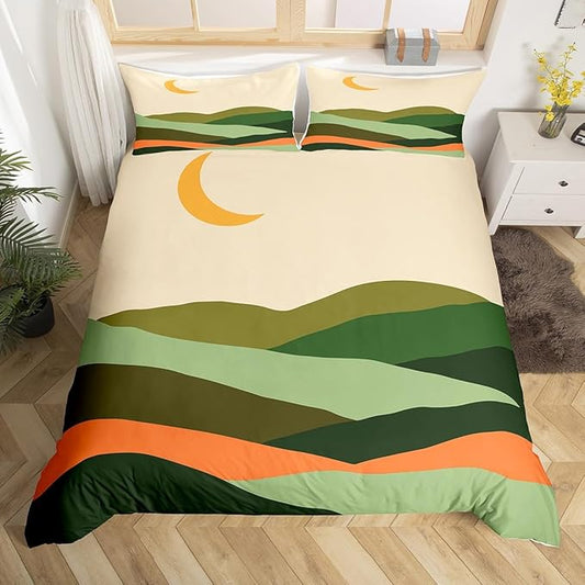 Erosebridal Mid Century Comforter Cover Boho Moon Duvet Cover Nature Abstract Bedding Set Full Black Gold Green Bed Set Watercolor Mountain Quilt Cover Geometric Striped Room Decor 3pcs