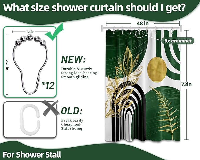 Olive Green and Gold Shower Curtain Boho Mid Century Modern Hunter Green Shower Curtains for Bathroom Decor Sets, Waterproof Cloth Fabric with Hooks 48x72in