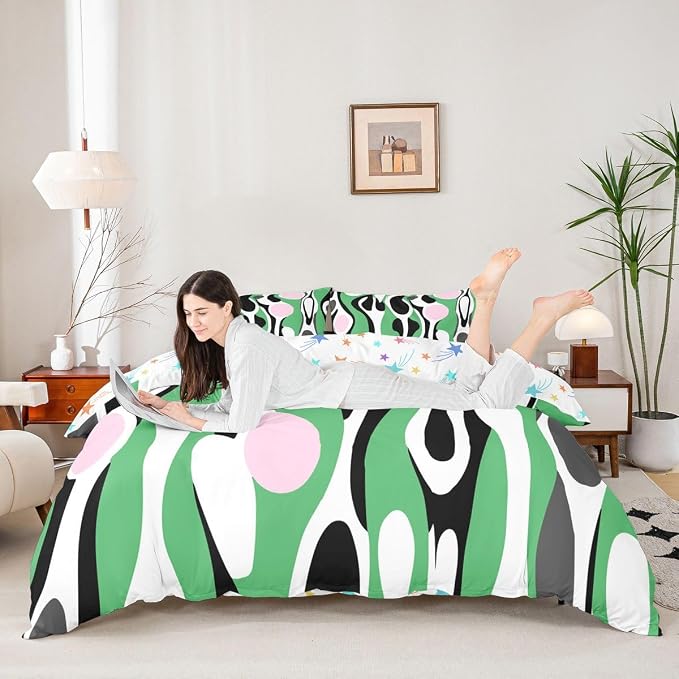 Erosebridal Mid Century Modern Abstract Duvet Cover Set Vintage Geometric Full Size Bedding Sets for Toddler Boys Contemporary Organic Shapes Comforter Cover Squiggle Blob Bed Set,Green Pink