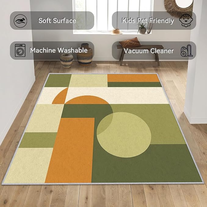 Mid Century Rug 6x9, Washable Modern Geometric Rugs for Living Room Bedroom, Minimalist Area Rug for Home Decor, Non Slip Backing Floor Carpet with Gripper - 6 x 9 ft