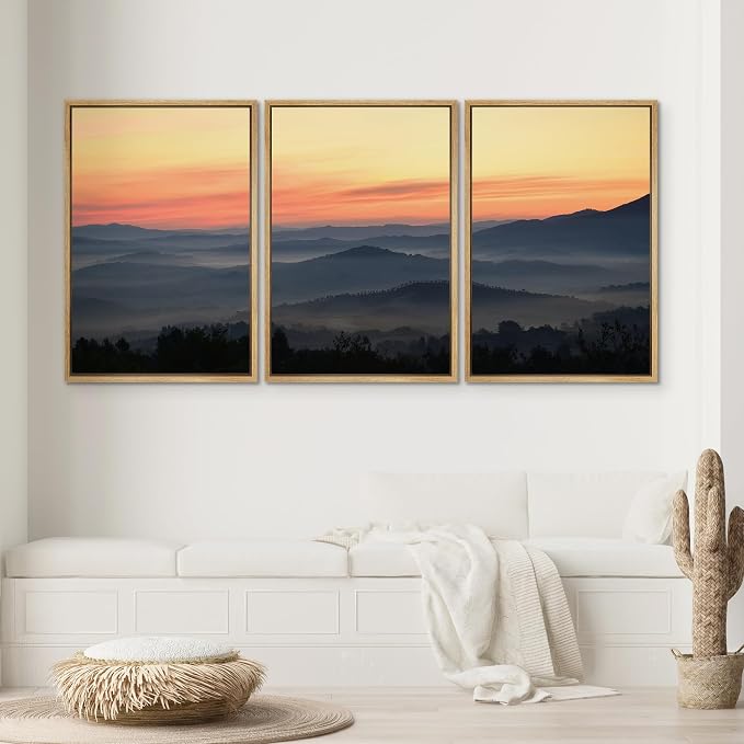 SIGNWIN 3 Piece Framed Canvas Wall Art Orange Sunset Canvas Prints Home Artwork Decoration for Living Room,Bedroom - 24"x36"x3 Natural