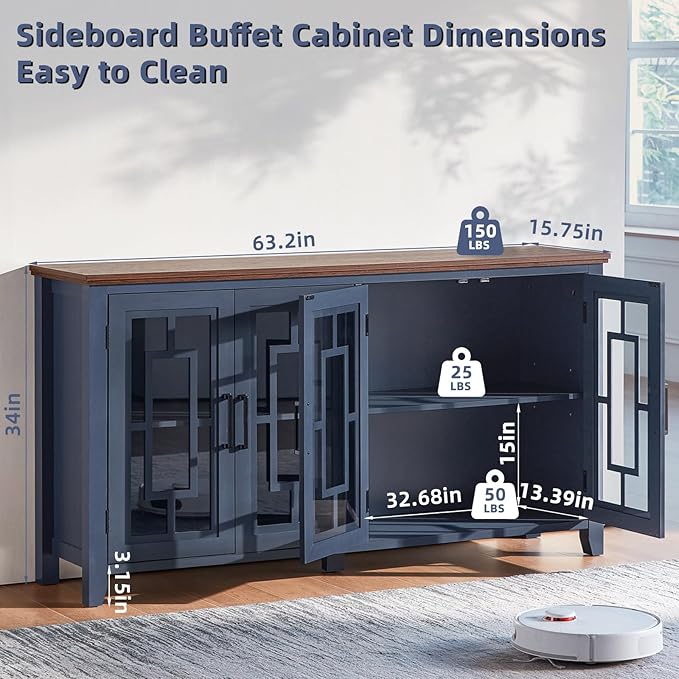 Large Sideboard Buffet Cabinet with Storage, 63" Farmhouse Navy Blue Kitchen Coffee Wine Bar Cabinet with 4 Glass Doors, Mid Century Modern Wood Side Board Table for Dining Room, Living Room