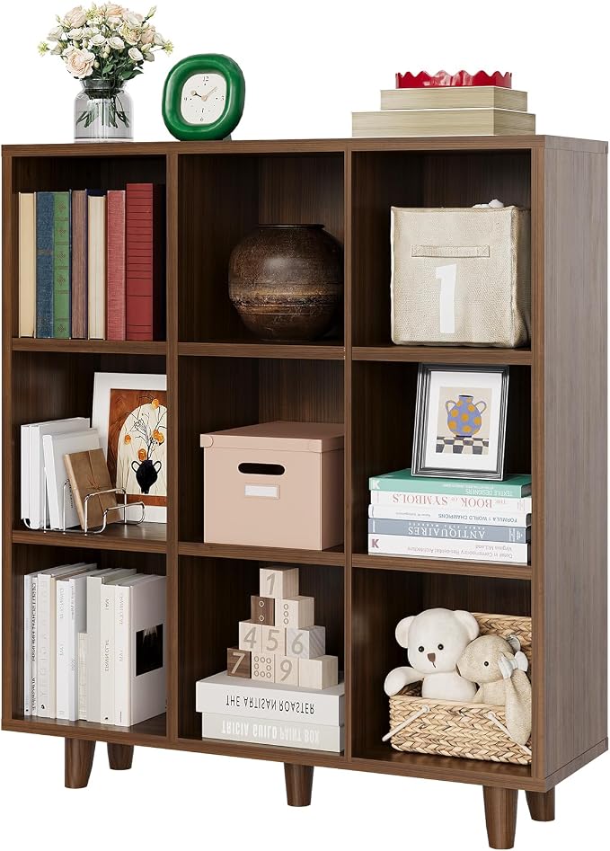 Takywep 9 Tier Mid-Century Modern Bookshelf, Rustic Brown Wood Cube Storage Organizer with Wood & Anti-Tipping Legs, Retro Open Bookcase Display Shelf for Living Room, Home Office, Bedroom