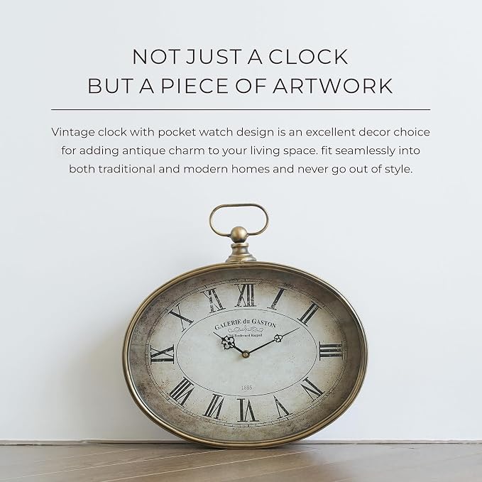 Large Decorative Wall Clock - 20 inch, Distressed Gold, Oval Pocket Watch Design, Roman Numerals, Battery Operated, Large Antique Style for Living Room, Kitchen, Bedroom Decor