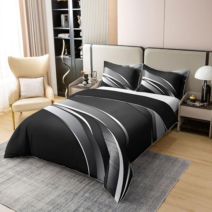 Erosebridal Gray Black Striped 100% Cotton Duvet Cover Full Modern Abstract Bedding Set for Kids Teens Adults Geometric Lines Comforter Cover Aesthetic Boho Bed Set 3 Pcs