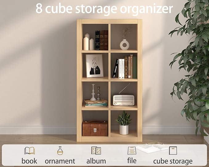 furtble Bookshelf with Storage Bins, 8-Cube Storage Organizer, Modern Wood Open Bookcase, Multifunctional Display Shelf for Living Room, Bedroom, Home Office, Oak