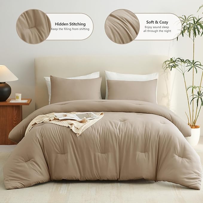 CozyLux Queen Comforter Set Taupe, 3 Pieces Lightweight Comforters Queen Size Quilted Bedding Sets, All Season Breathable Solid Down Alternative Comforter with 2 Pillowcases, Bed Set Gift for Home
