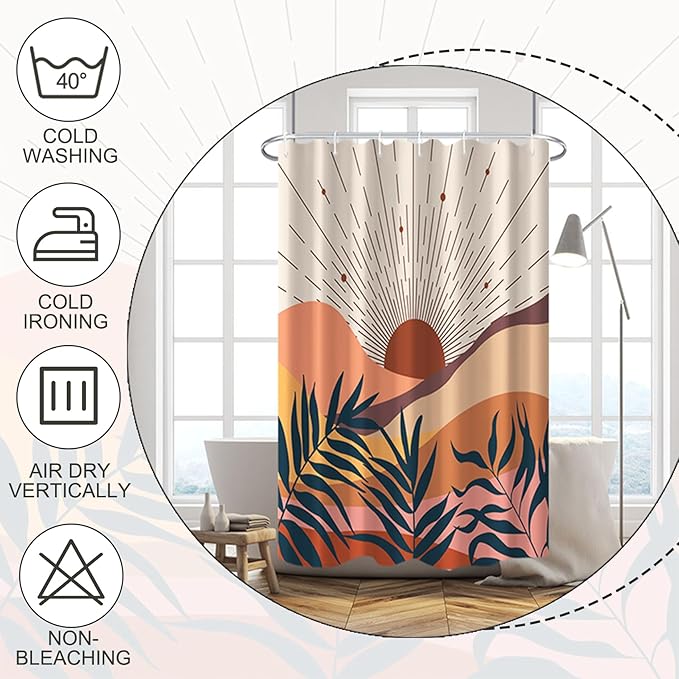 Baocicoo Boho Abstract Sun Shower Curtain Mid Century Sunrise Mountain Shower Curtain for Bathroom Minimalist Aesthetic Bathroom Decorations Waterproof Curtain for Bathroom with Hooks 36x72 Inches