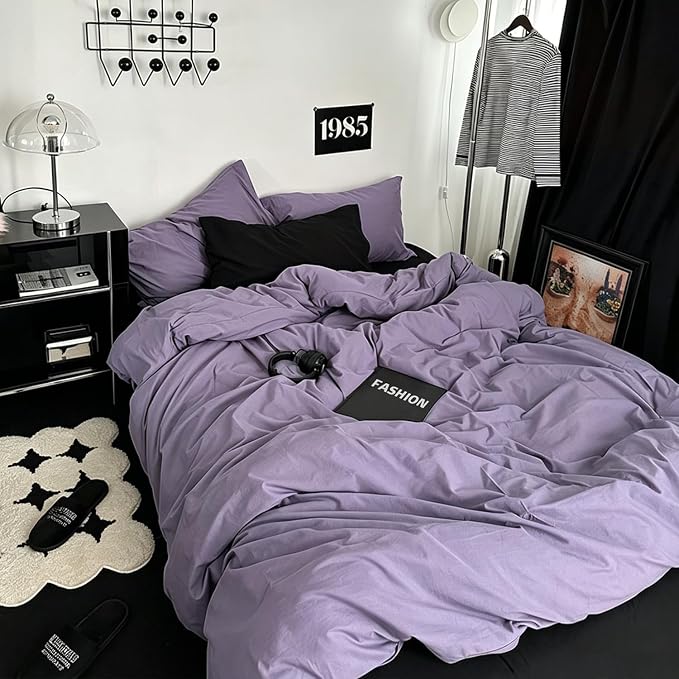 mixinni Solid Purple Duvet Cover Set Queen Size - 100% Washed Cotton 3-Piece Minimalist Bedding Set, Ultra Soft Breathable Solid Color Purple Comforter Cover with Zipper & Corner Ties, Queen Size
