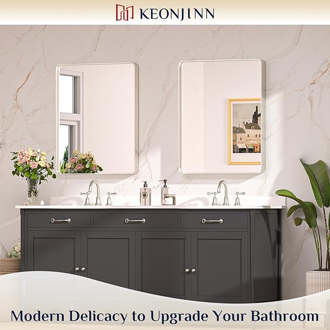 Keonjinn 24 x 30 Inch Brushed Nickel Bathroom Mirrors for Over Sink, Rounded Rectangle Silver Bathroom Vanity Mirror, Farmhouse Mirror for Wall, HD Tempered Glass, Anti-Rust Aluminum Alloy Mirror